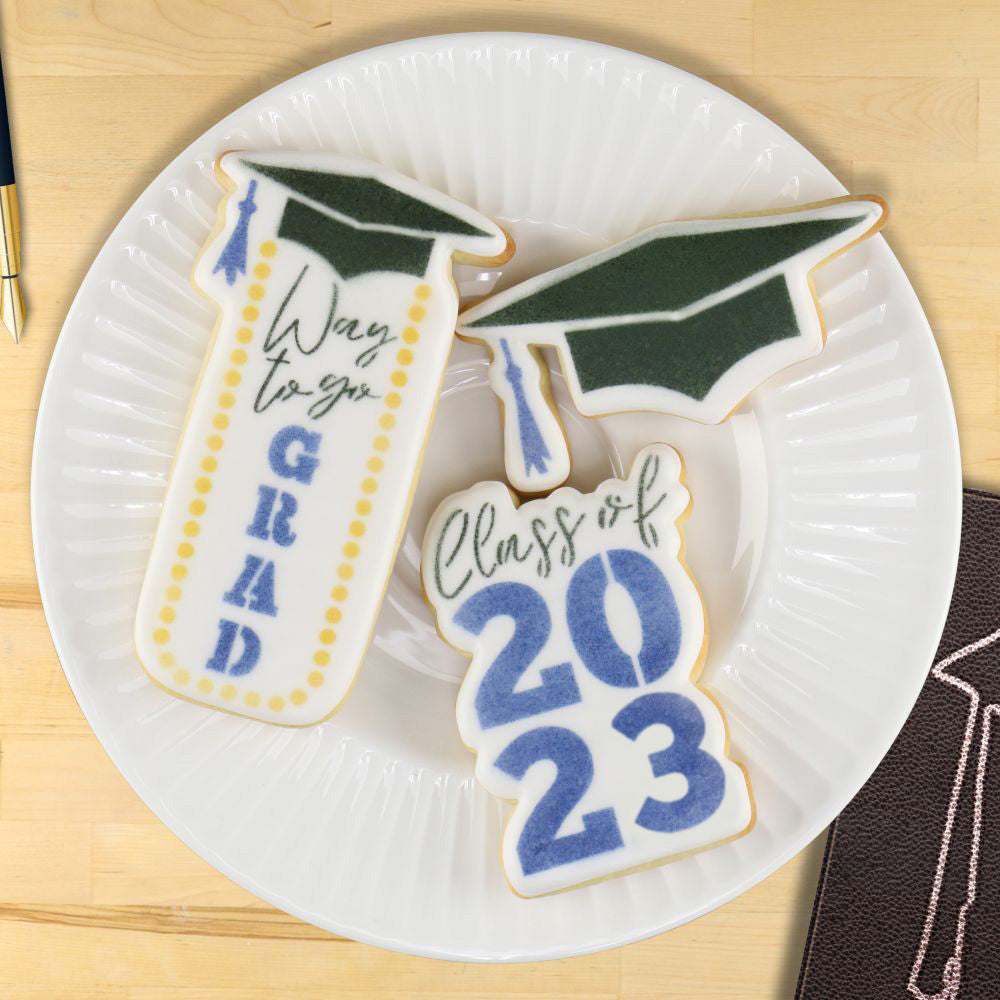 Cookies decorated using the Graduation Cookie Stencils