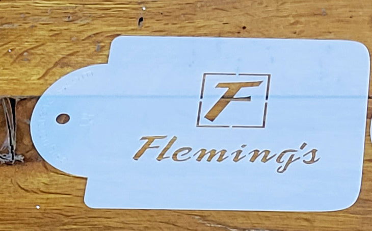 Flemings stencil template with logo, perfect for personalized messages in celebrations and events.