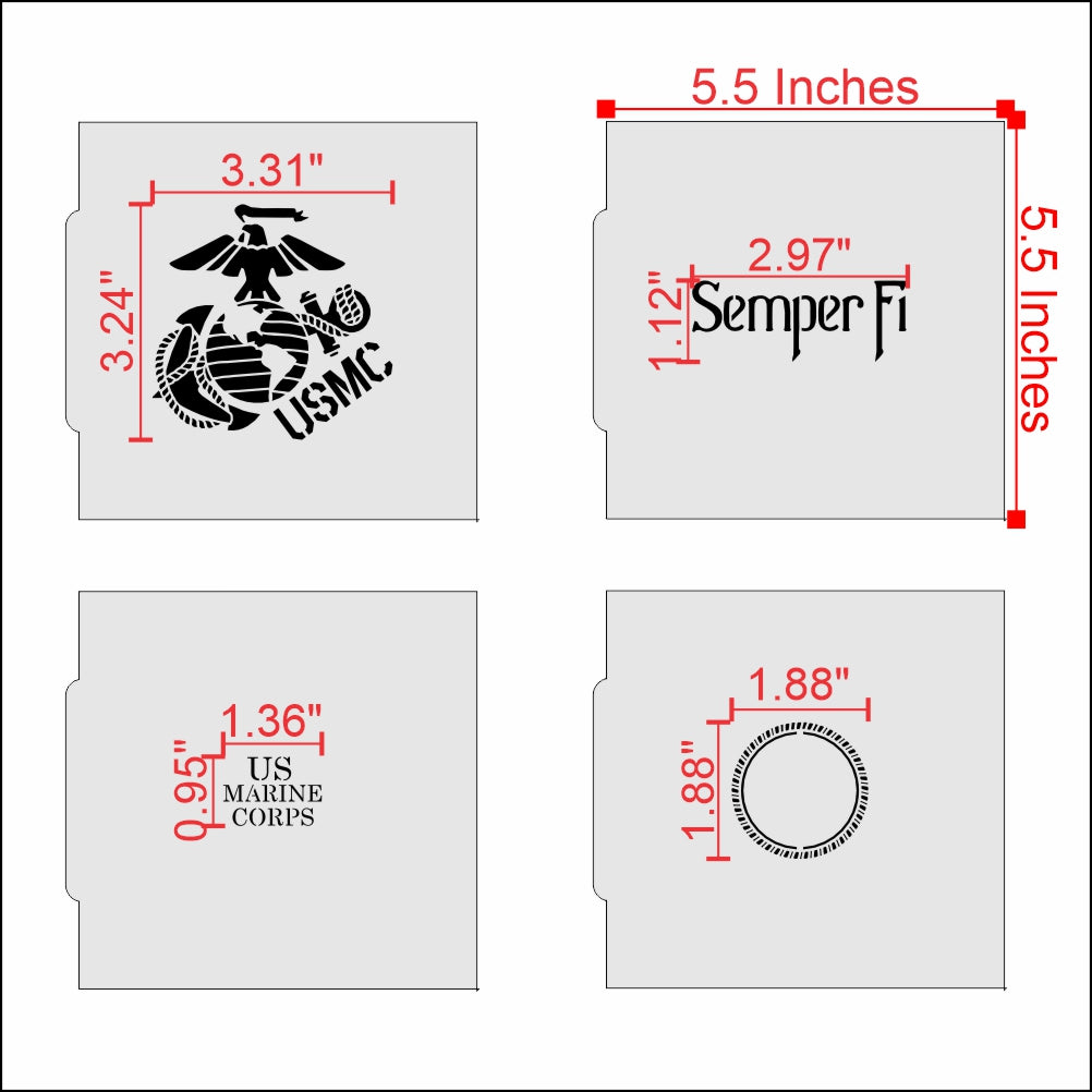 Measurements for the Semper Fi Cookie Stencil Set