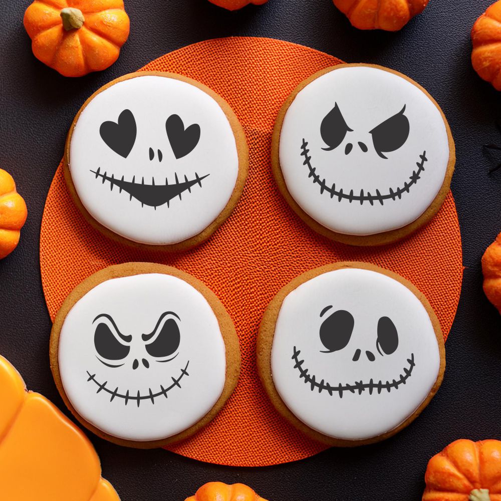 Jack Skeleton face cookie stencil designs on round cookies, perfect for Halloween celebrations.