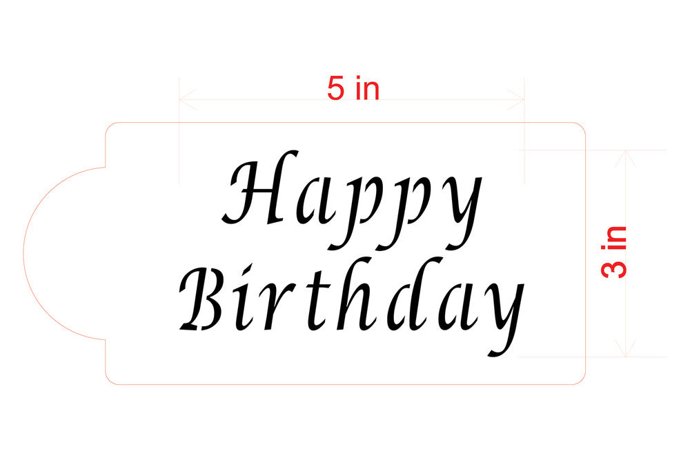 Happy Birthday cake stencil design measuring 5 x 3 inches, ideal for cake decoration.