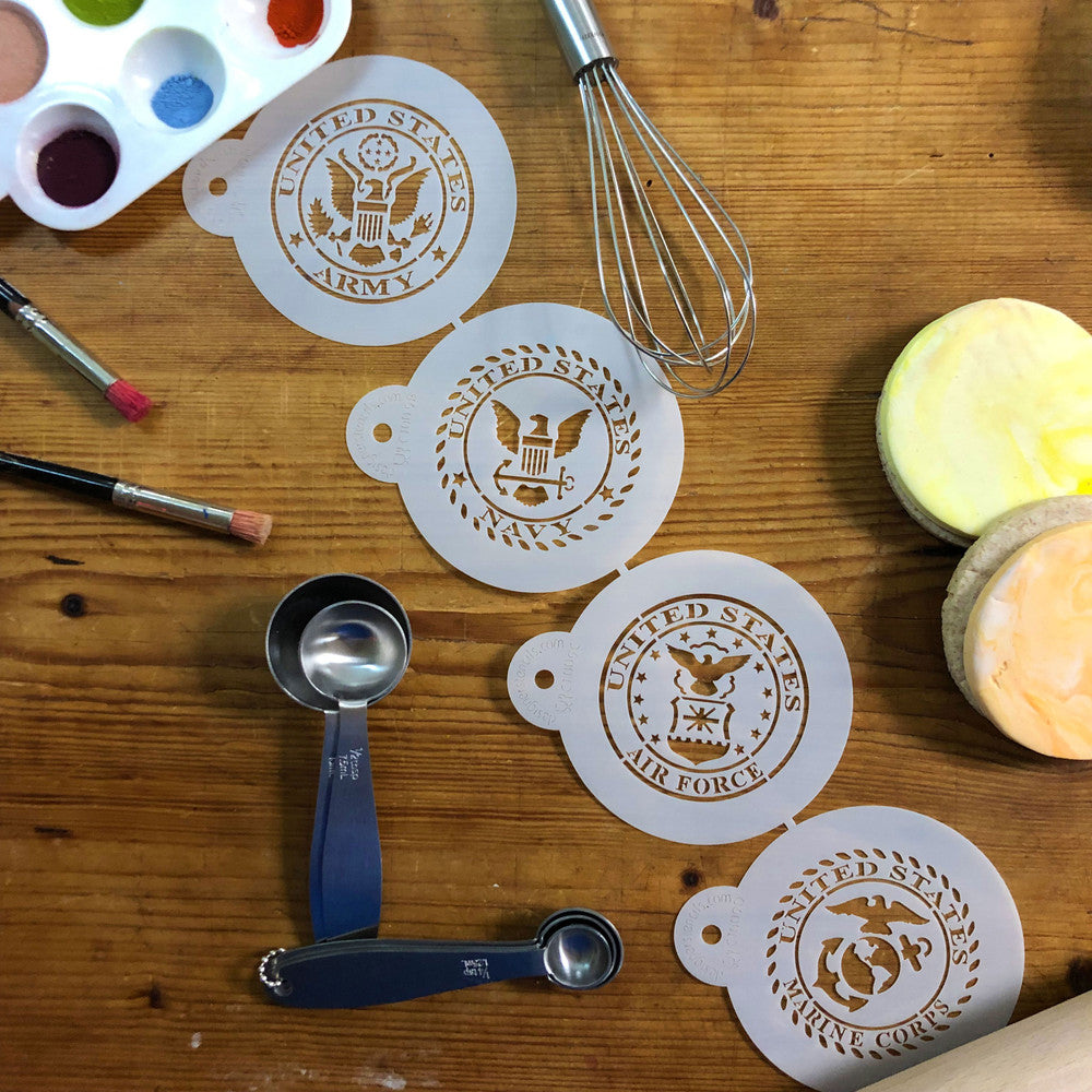 US Military Seals Cookie Stencil Set featuring Army, Navy, Air Force and Marine icons on a kitchen countertop.