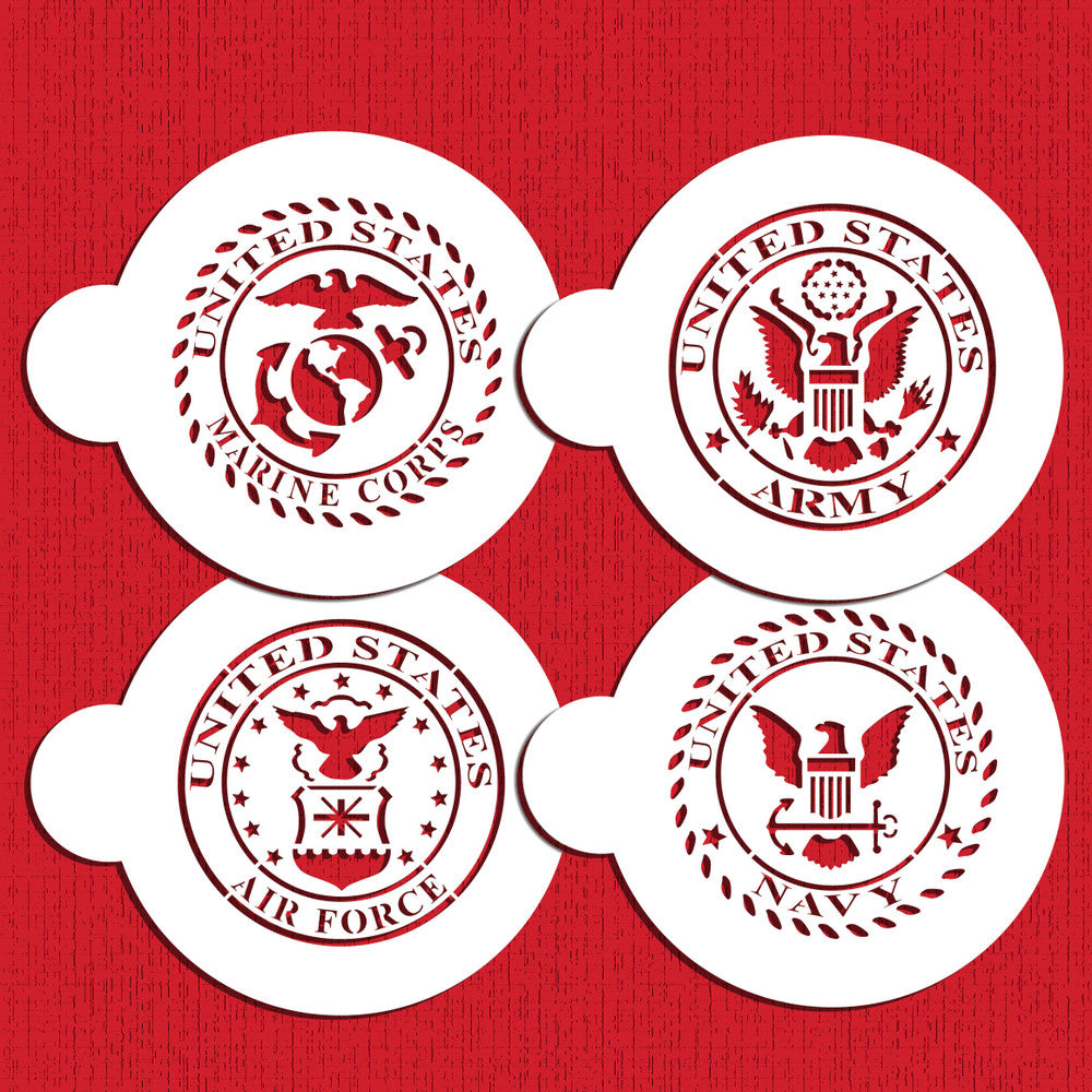 United States Military Seals Cookie Stencil Set featuring Marine Corps, Army, Air Force, and Navy designs.