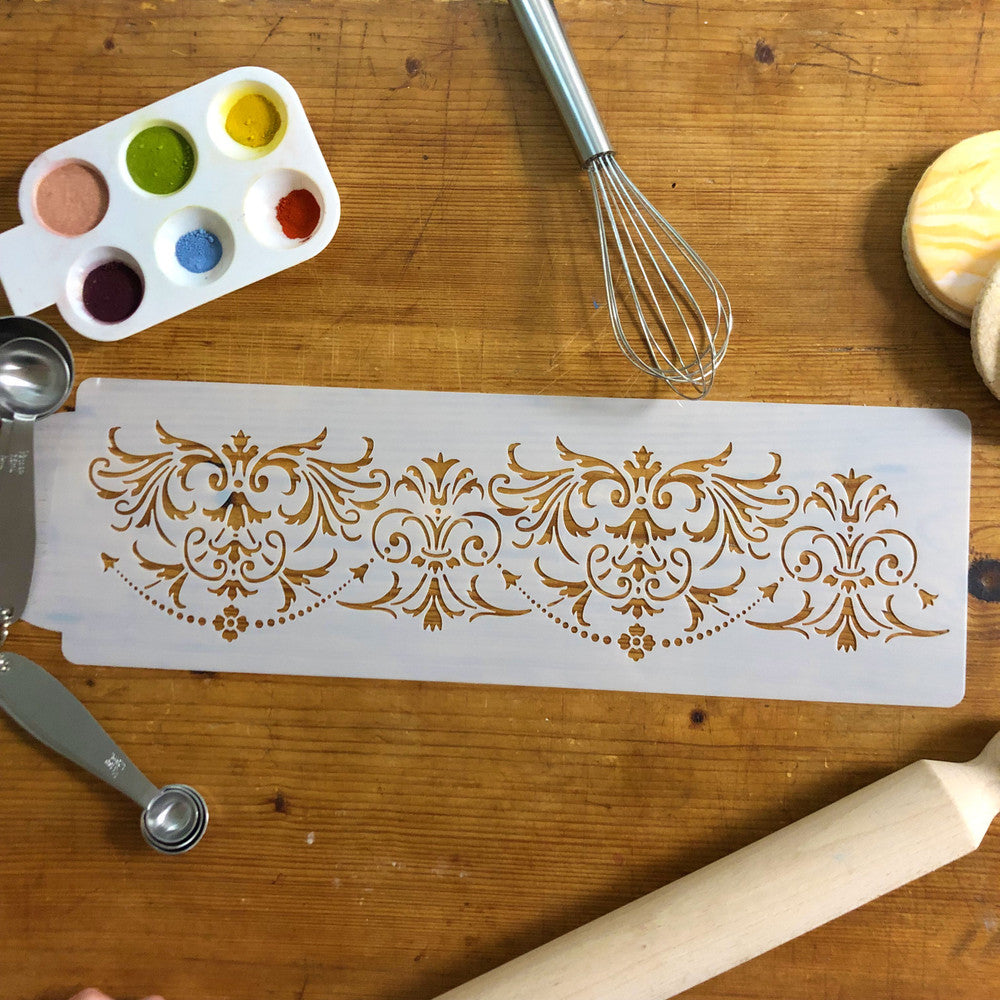 Elegant Damask Cake Stencil Side by Designer Stencils