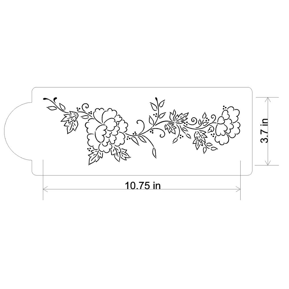 Peonies Spray Cake Stencil Side by Designer Stencils Dimensions