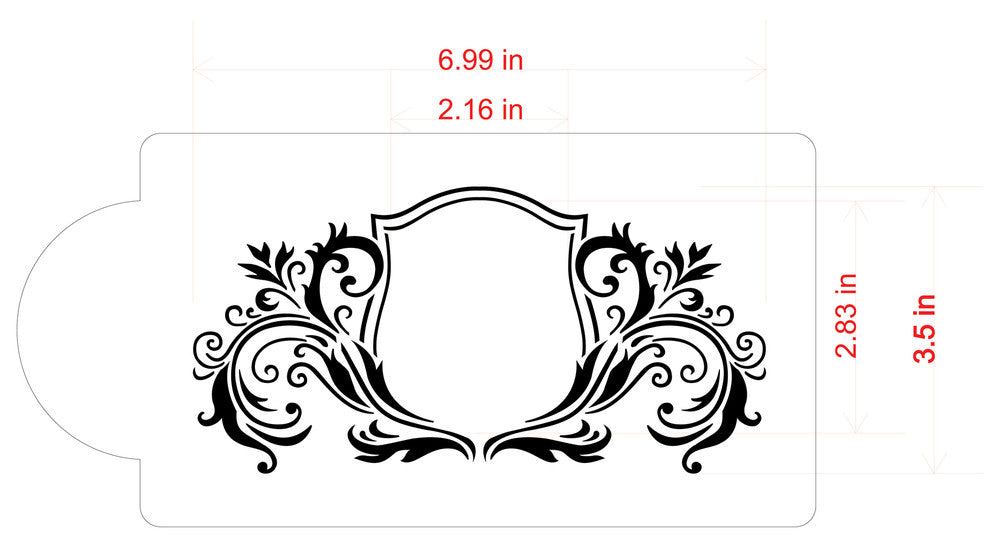 Ornate Monogram Crest Cake Stencil by Designer Stencils Dimensions