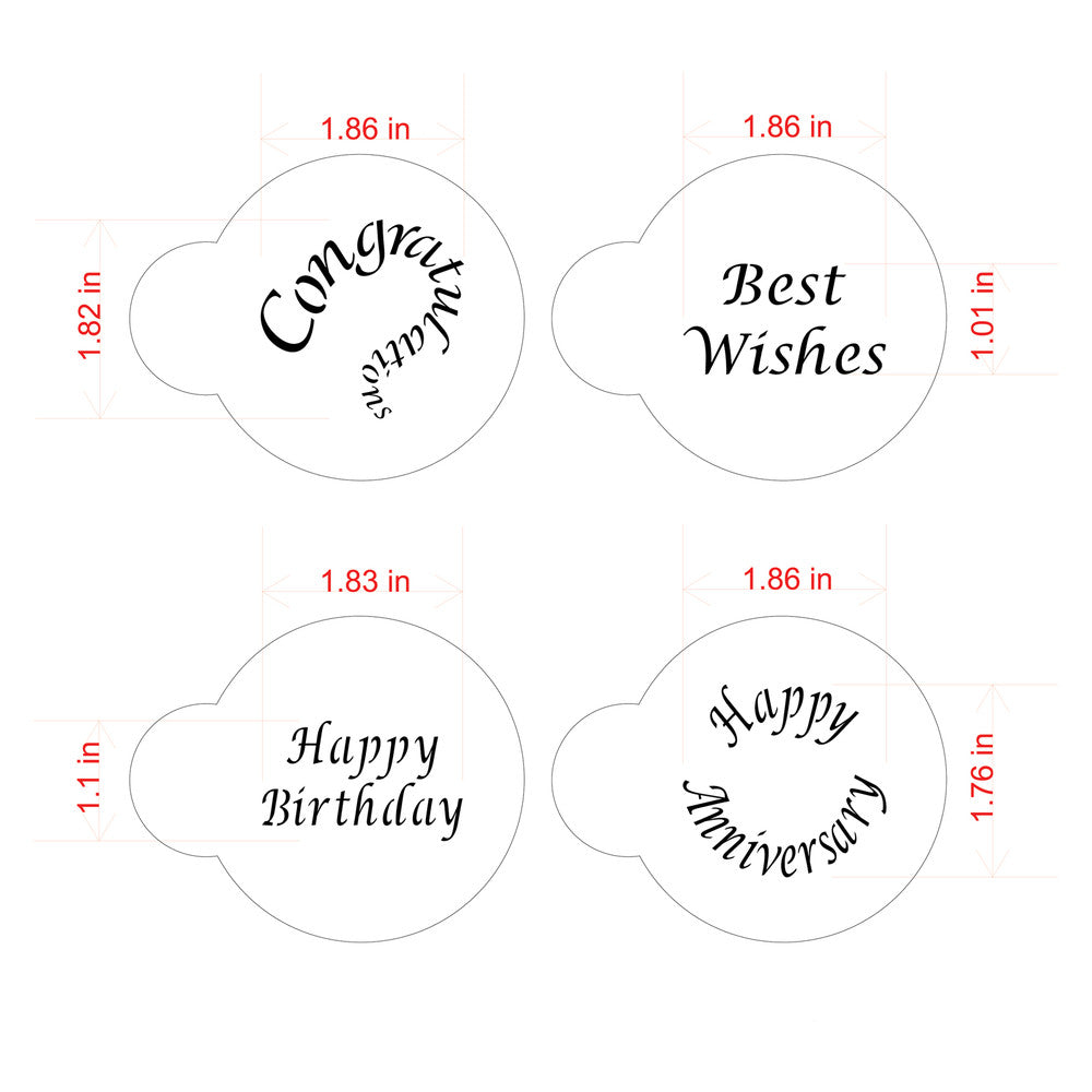 Special Occasions Round Cookie Stencil Set featuring Congratulations, Best Wishes, Happy Birthday, and Happy Anniversary.