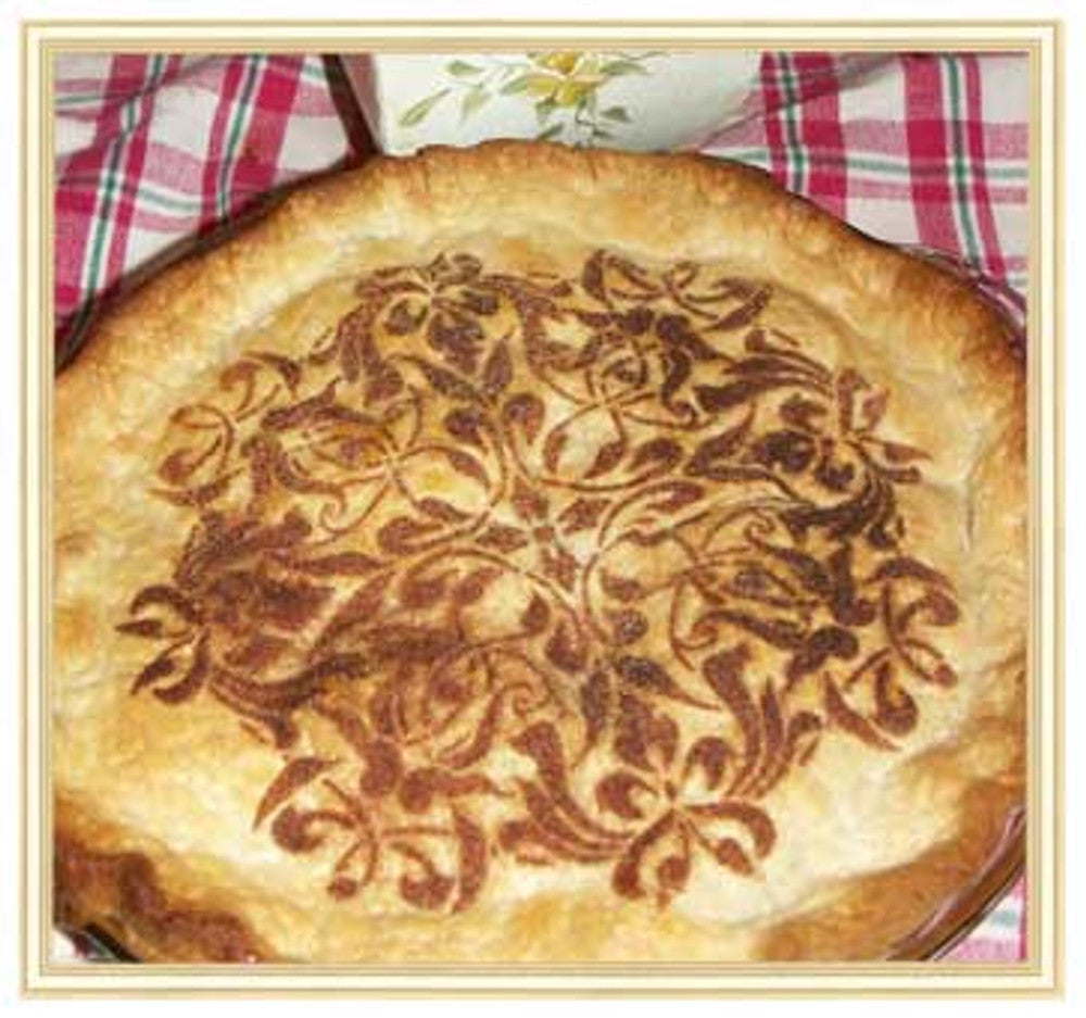French Medallion Cake Stencil Top stenciled onto a pot pie