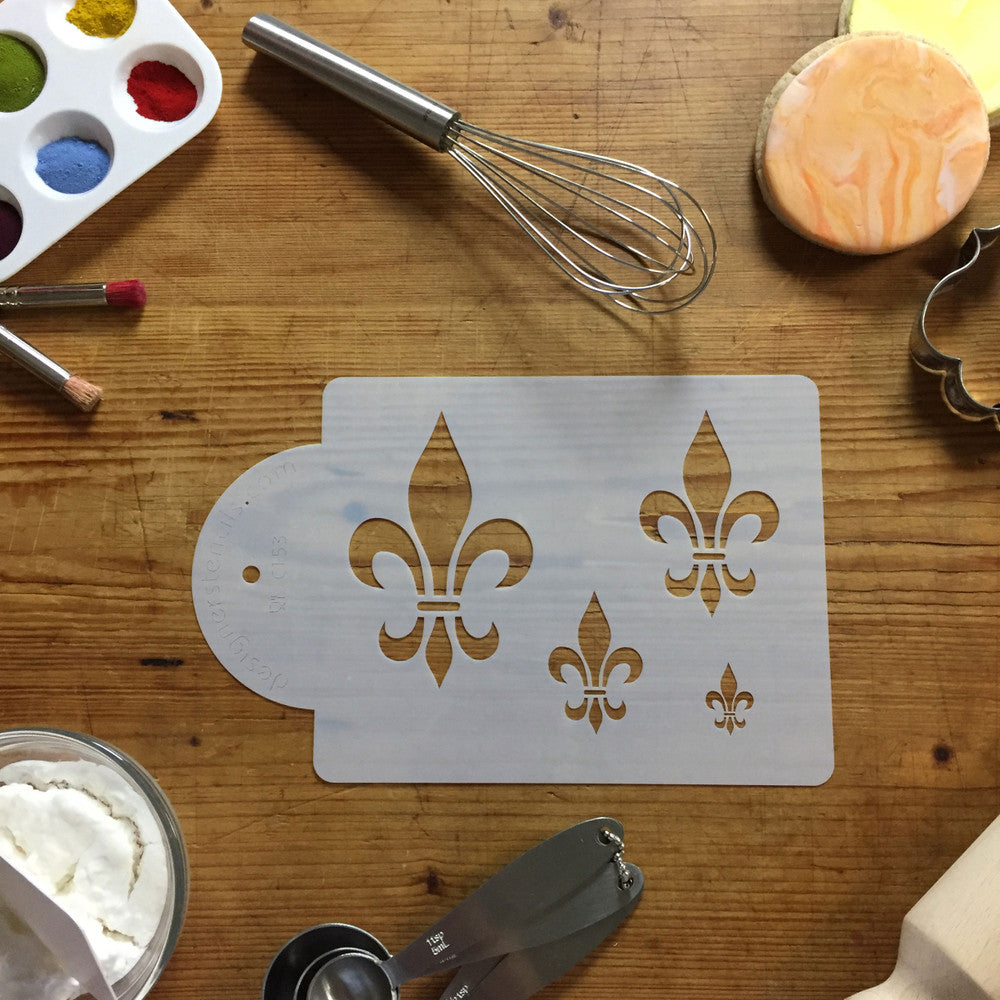 Fleur de Lis Cake Stencil by Designer Stencils showing stencil