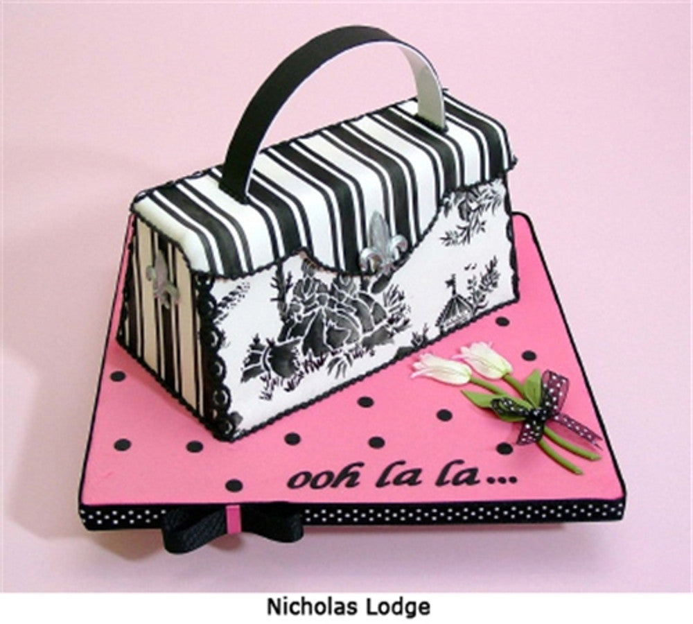 French Toile Cake Stencil Top stenciled onto a Parisian themed cake