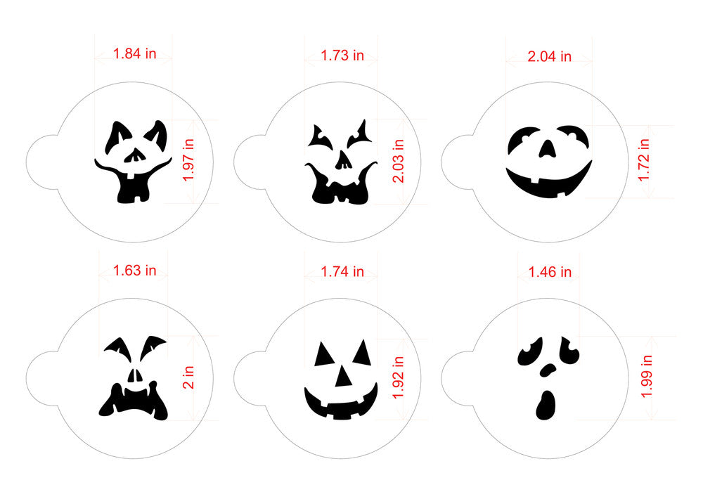Set of six Jack-O-Lantern Halloween faces stencils for decorating cookies, featuring various spooky designs.