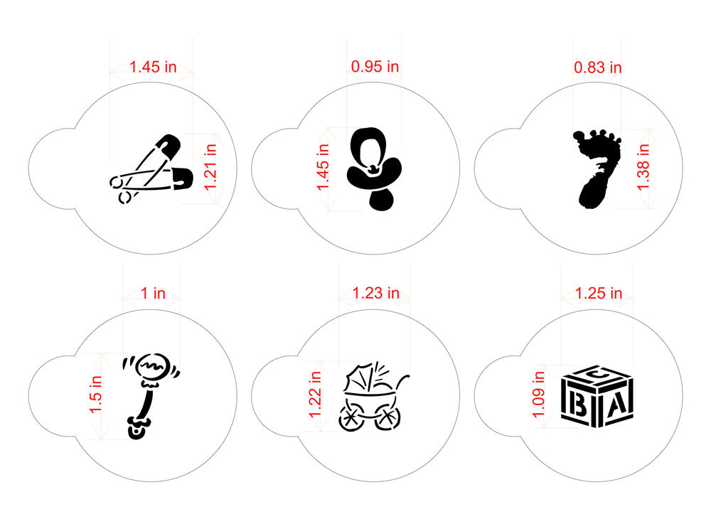 Baby Round Cookie Stencil Sets by Designer Stencils sizing information