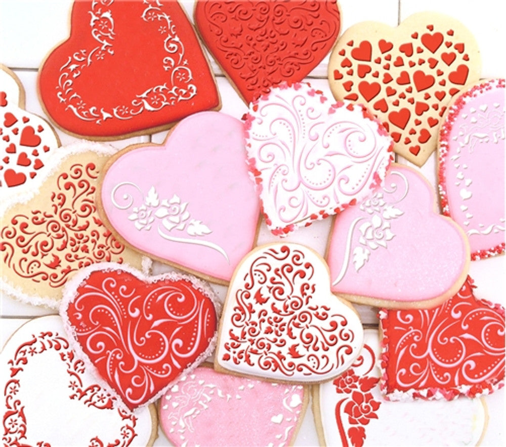Decorated cookies using Swirl Valentine Heart Cookie Stencil Set by Designer Stencils