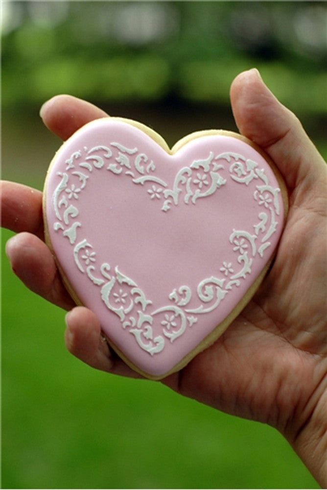 Decorated cookies using Swirl Valentine Heart Cookie Stencil Set by Designer Stencils