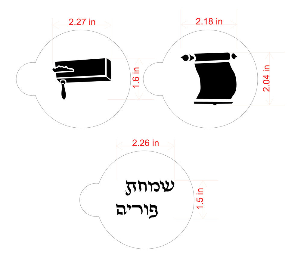 Measurements for Purim Symbols Round Cookie Stencil Set by Designer Stencils