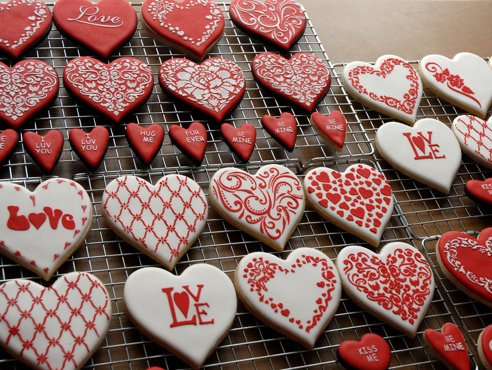 Heart Shaped Cookies Using the Candy Heart Sayings Round Cookie Stencil Set by Designer Stencils