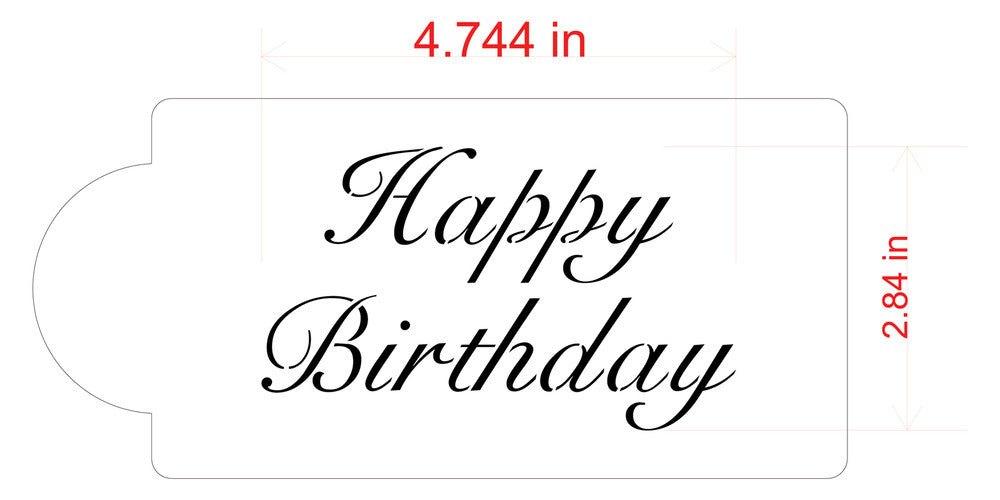 Happy Birthday stencil design dimensions 4.744x2.84 inches, ideal for cake decoration.