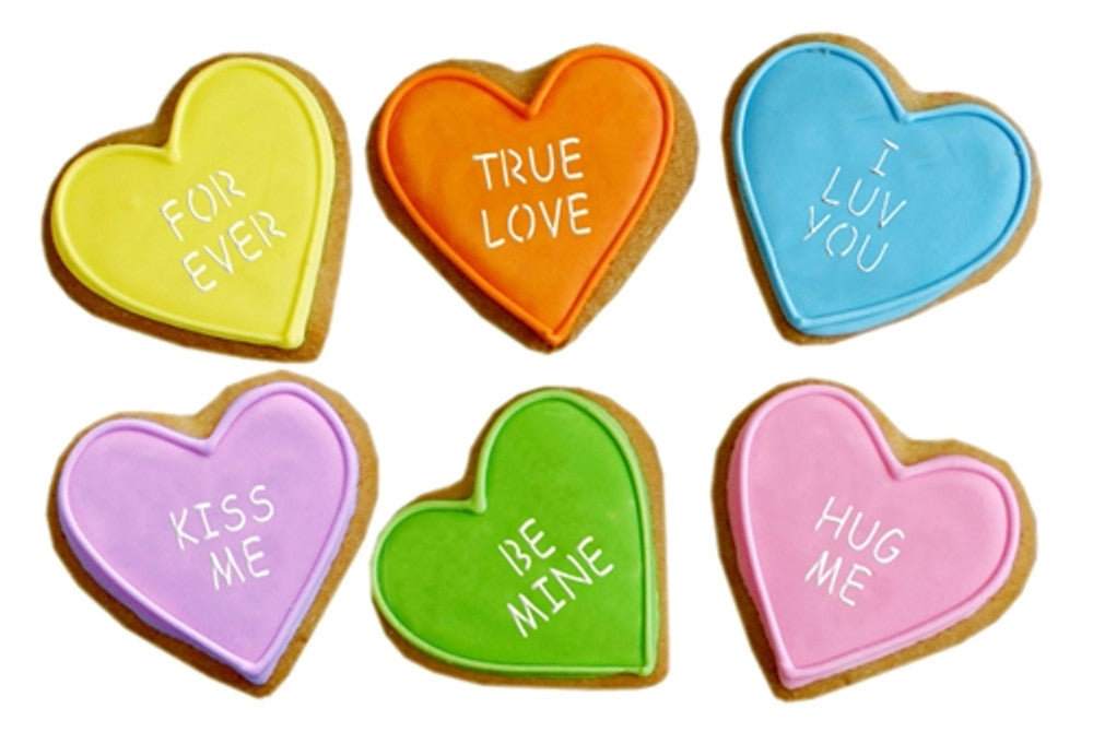 Heart Shaped Cookies Using the Candy Heart Sayings Round Cookie Stencil Set by Designer Stencils