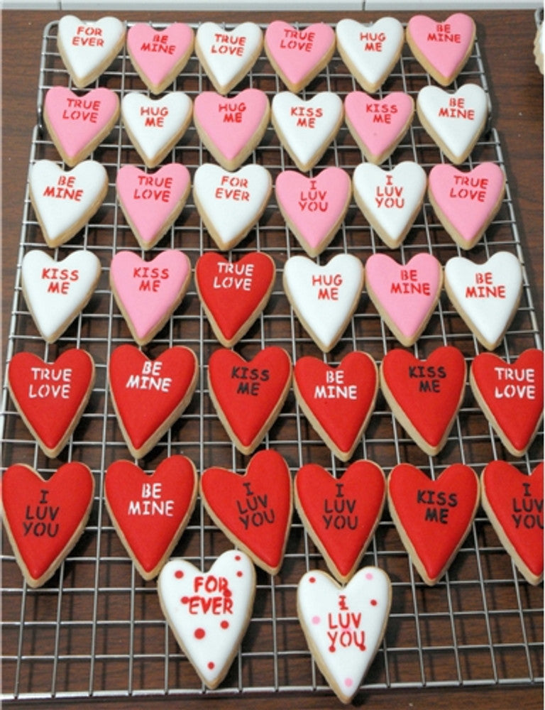 Heart Shaped Cookies Using the Candy Heart Sayings Round Cookie Stencil Set by Designer Stencils