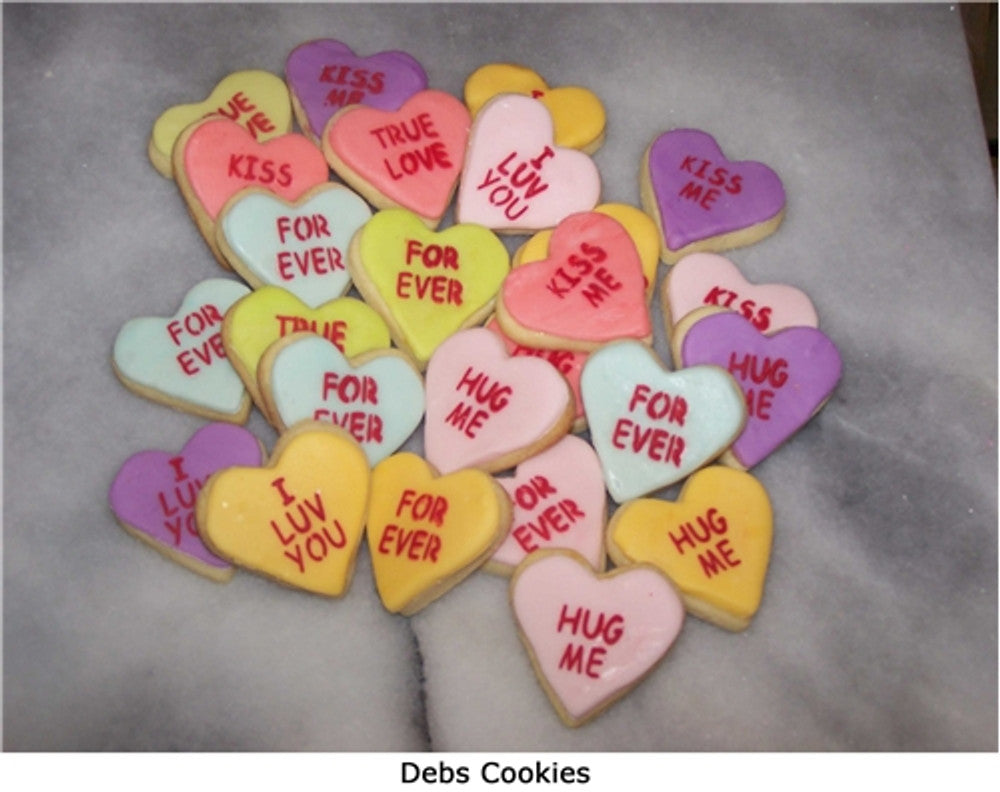 Heart Shaped Cookies Using the Candy Heart Sayings Round Cookie Stencil Set by Designer Stencils