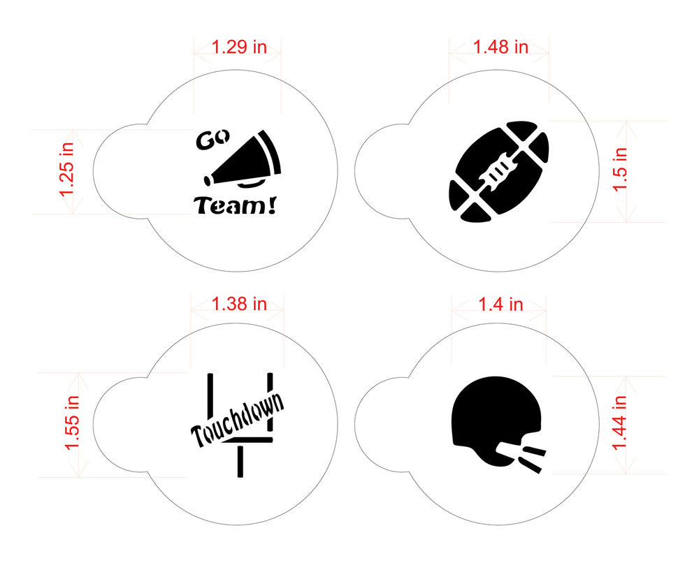 Set of four football-themed stencils featuring 'Go Team!', a football, 'Touchdown', and a helmet design.