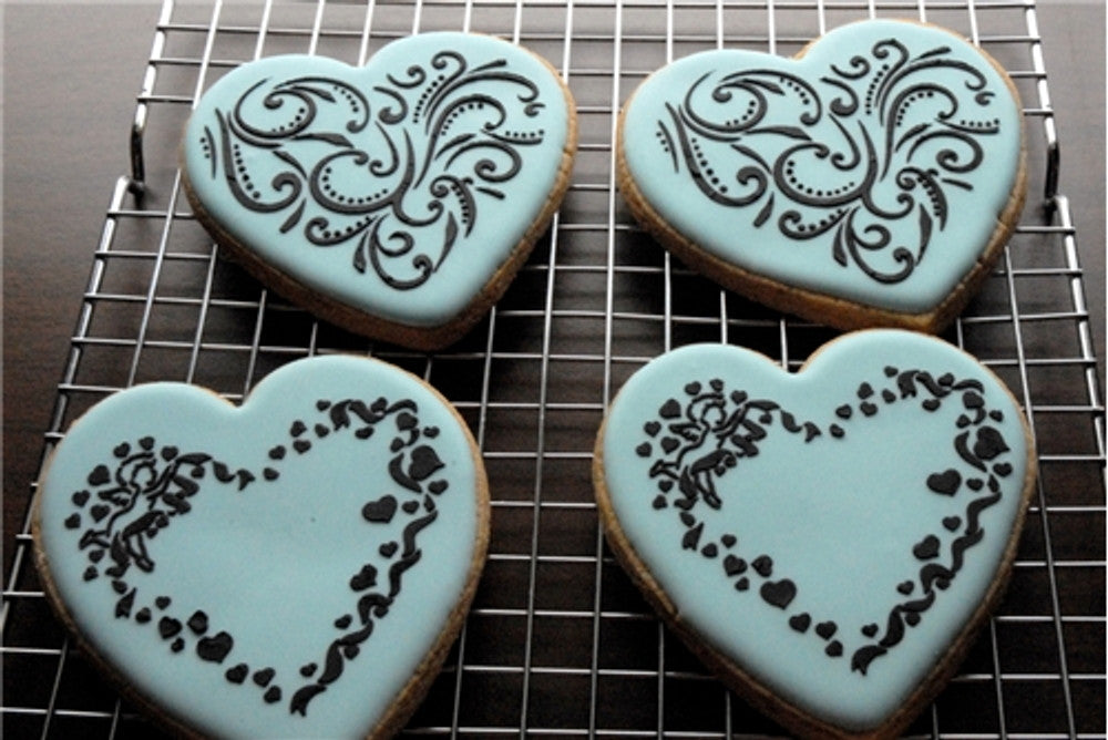 Decorated cookies using Swirl Valentine Heart Cookie Stencil Set by Designer Stencils