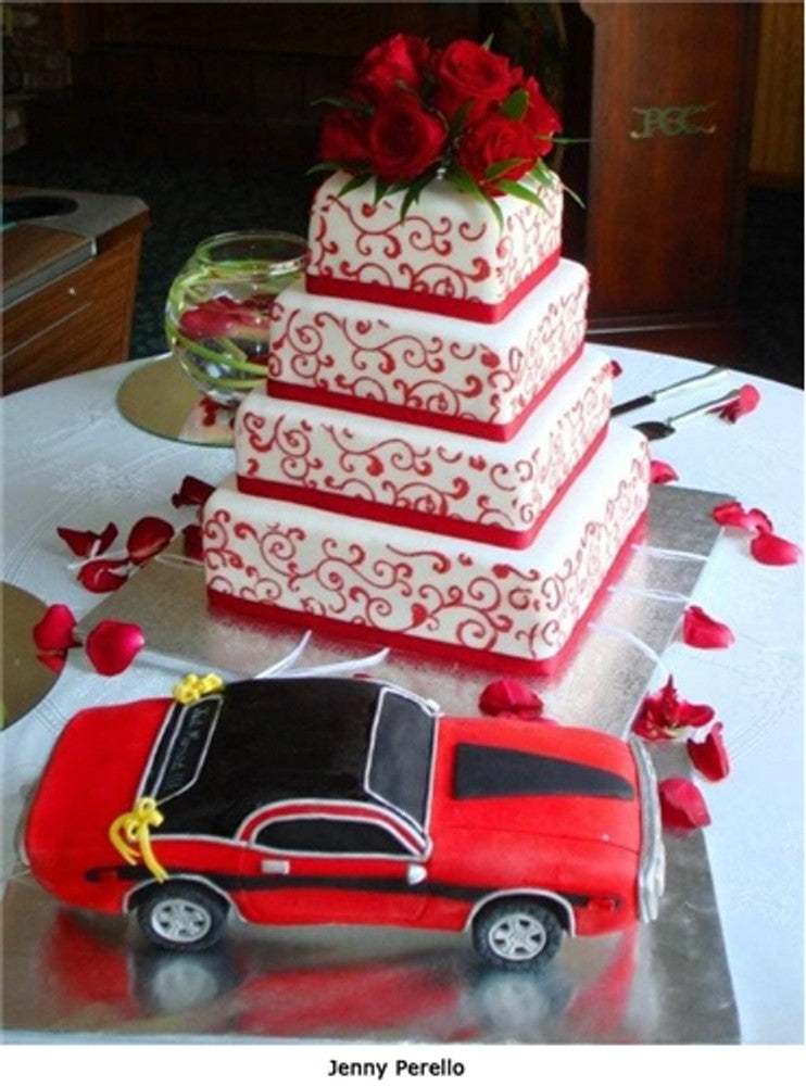Leafy Scroll Cake Stencil Side by Designer Stencils applied to a wedding cake