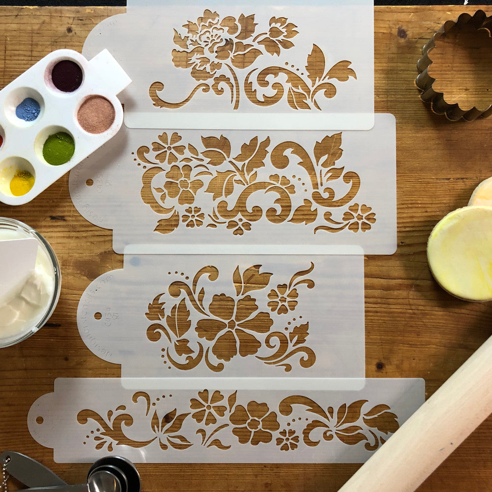 Floral Explosion Cake Side Stencil 4 PC Set by Designer Stencils