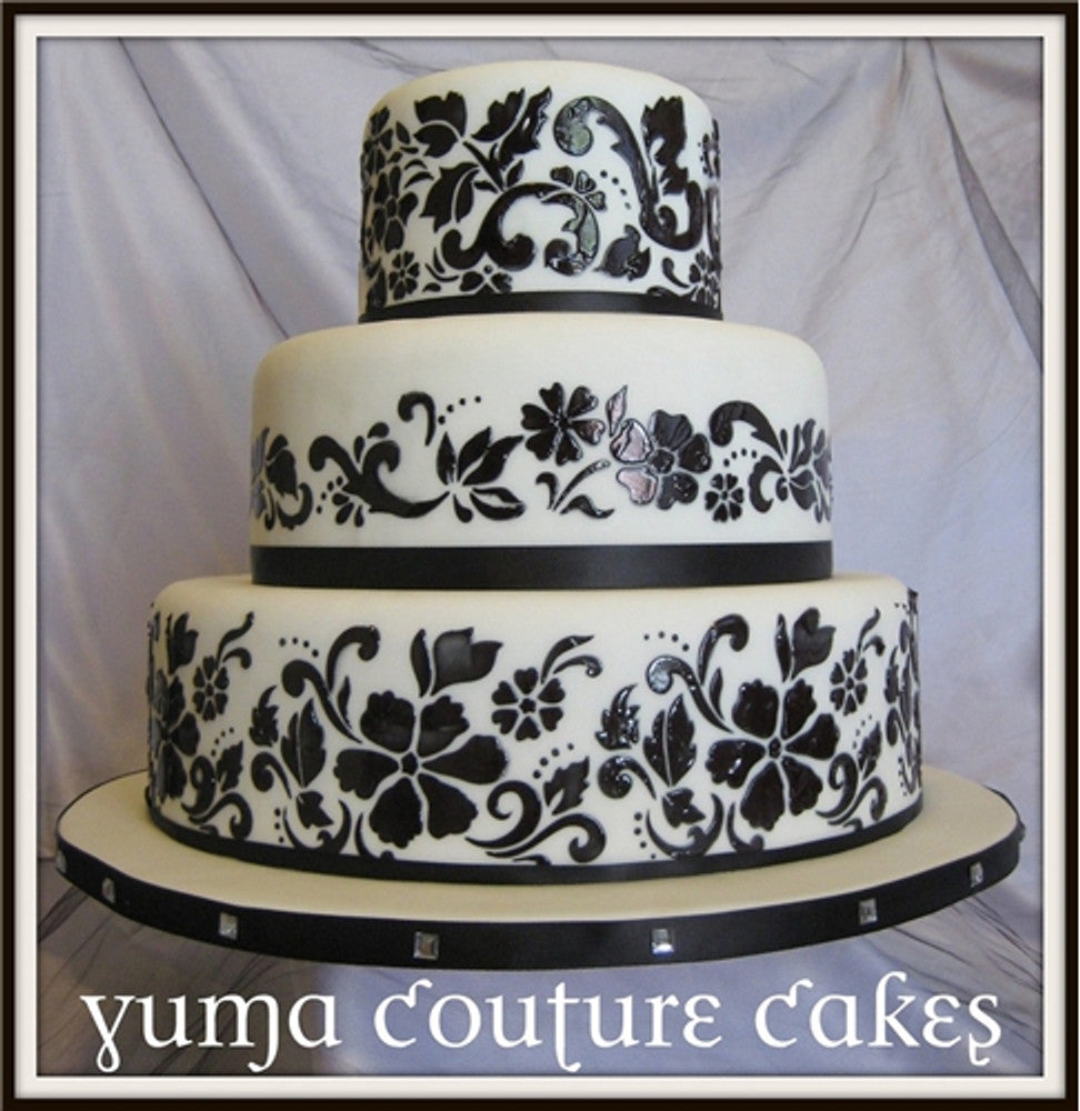 Wedding cake decorated with Floral Explosion Cake Side Stencil 4 PC Set by Designer Stencils