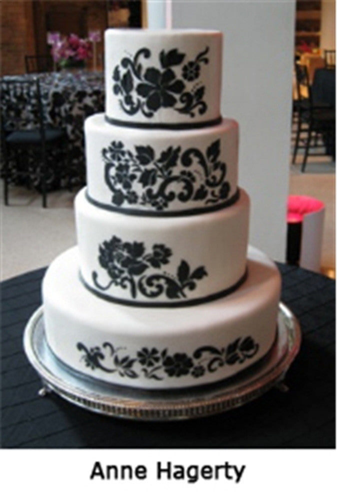 Wedding cake decorated with Floral Explosion Cake Side Stencil 4 PC Set by Designer Stencils