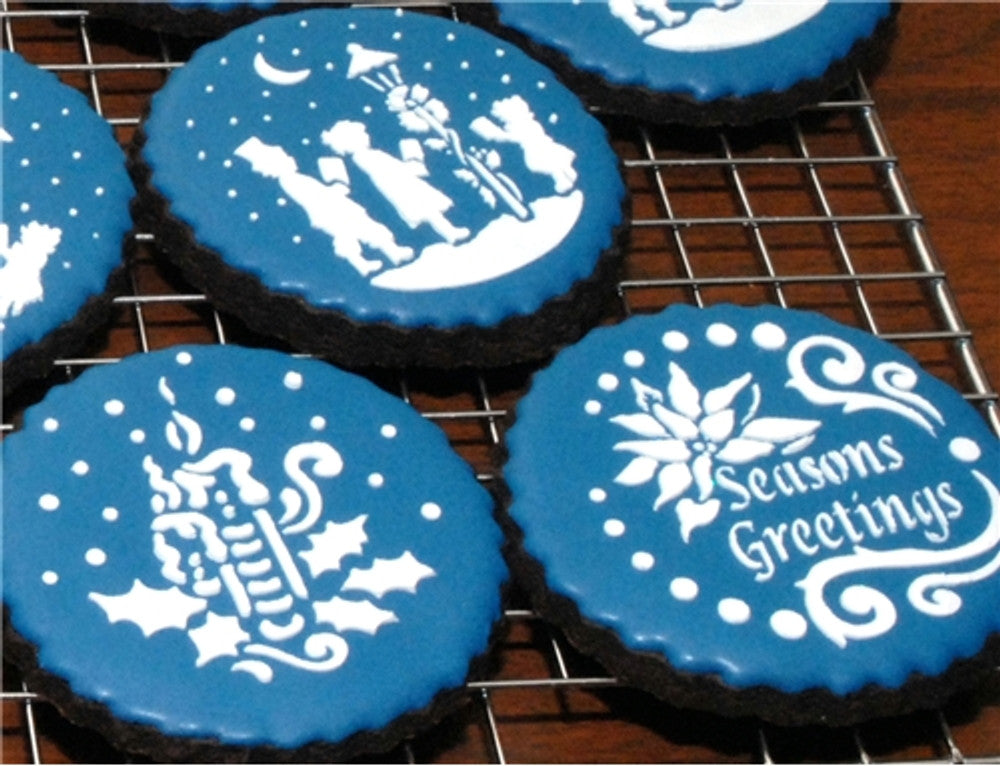 cookies decorated with Seasons Greetings Round Cookie Stencil Set by Designer Stencils
