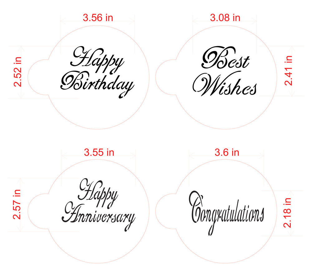 Set of four script stencils including sayings: Happy Birthday, Best Wishes, Happy Anniversary, Congratulations.