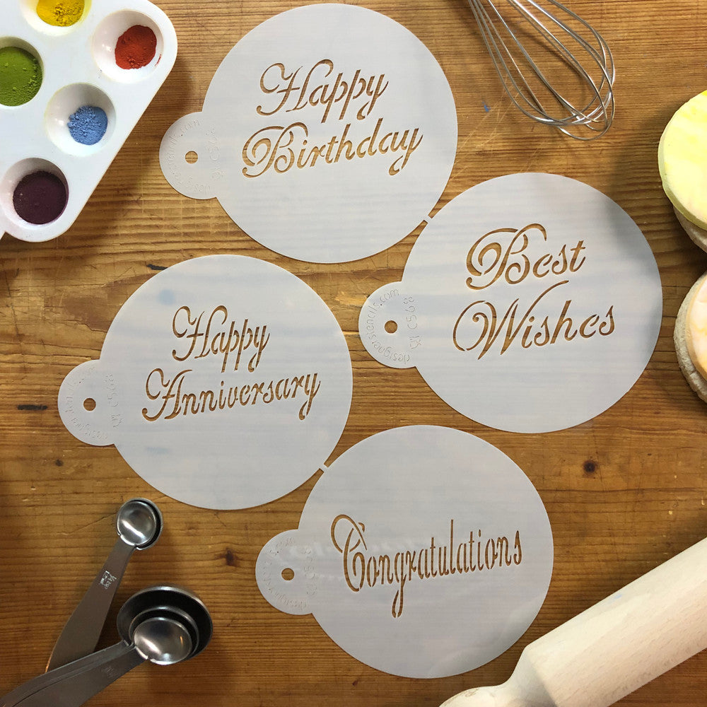 Script celebration cake stencils set featuring 'Happy Birthday', 'Best Wishes', 'Happy Anniversary', and 'Congratulations'.