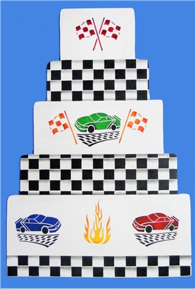 Race car themed cake with checkered flags and colorful car designs, perfect for racing parties and celebrations.