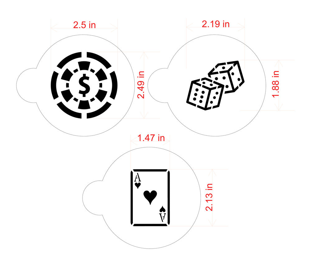 Measurements of the Casino Night Round Cookie Stencil Set by Designer Stencils