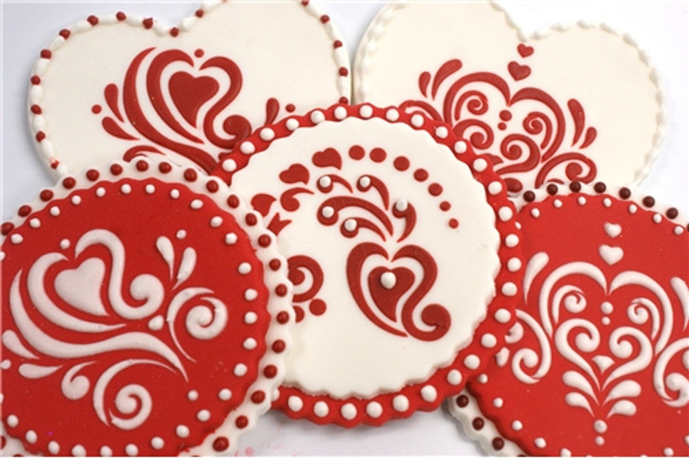 Decorated Cookies using the Amore Round Cookie Stencil Set by Designer Stencils