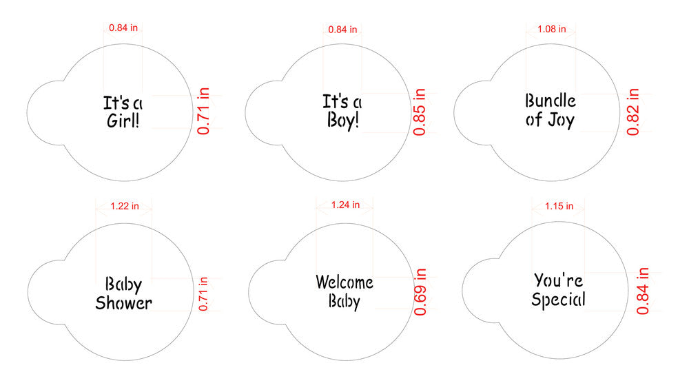 Measurements for the Baby Messages Round Cookie Stencil Sets by Designer Stencils