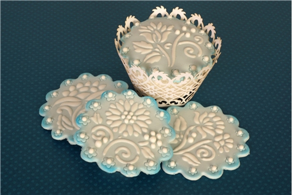 Cookies decorated with Crewel Flowers Round Cookie Stencil Set by Designer Stencils