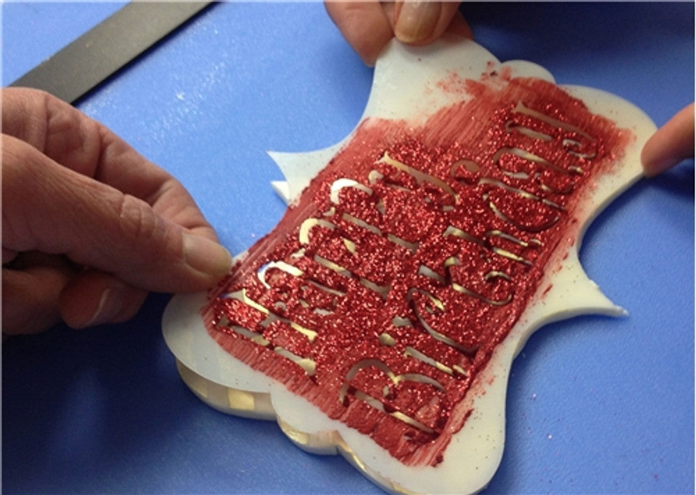 Happy Anniversary Plaque Cake Stencil Set by Designer Stencils Removing Stencil