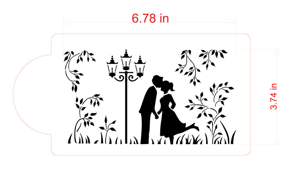 Kissing Couple Silhouette Cake Stencil Side by Designer Stencils Dimensions