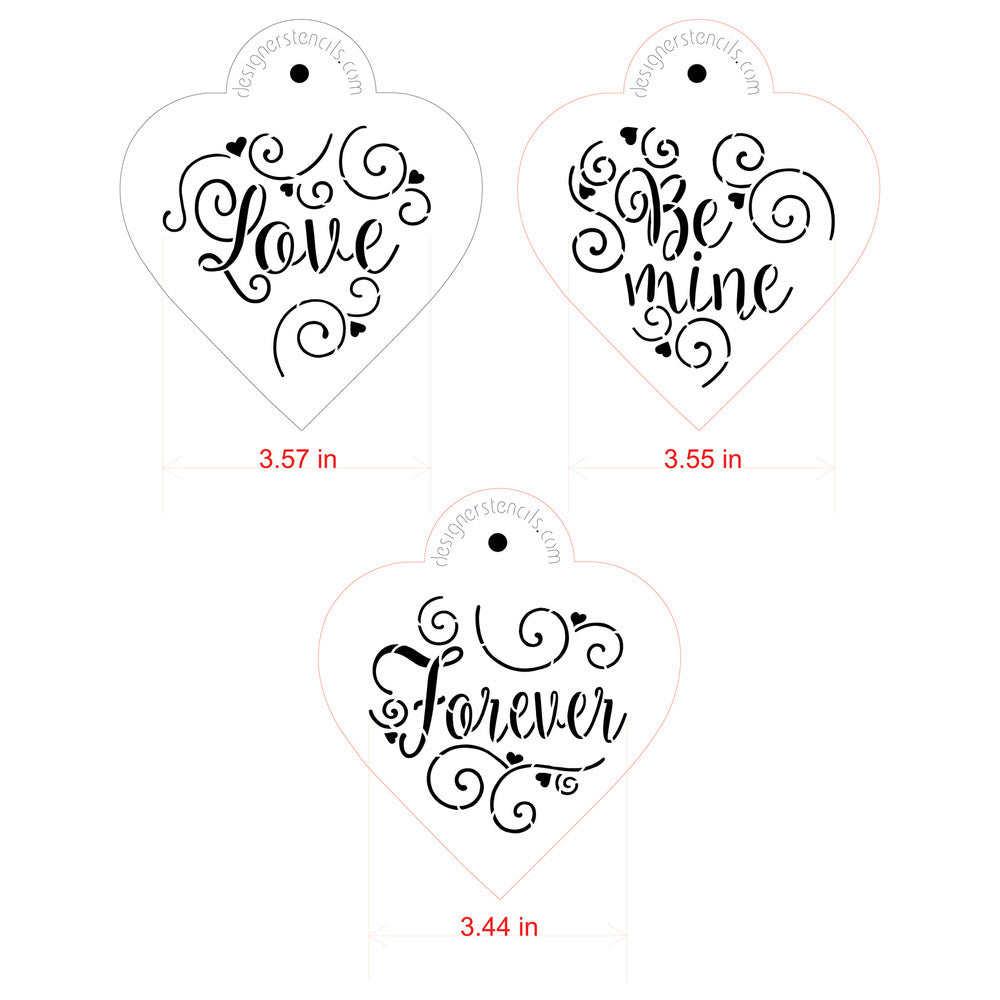 Measurements for the Love Be Mine Forever Heart Shaped Cookie Stencil Set by Designer Stencils