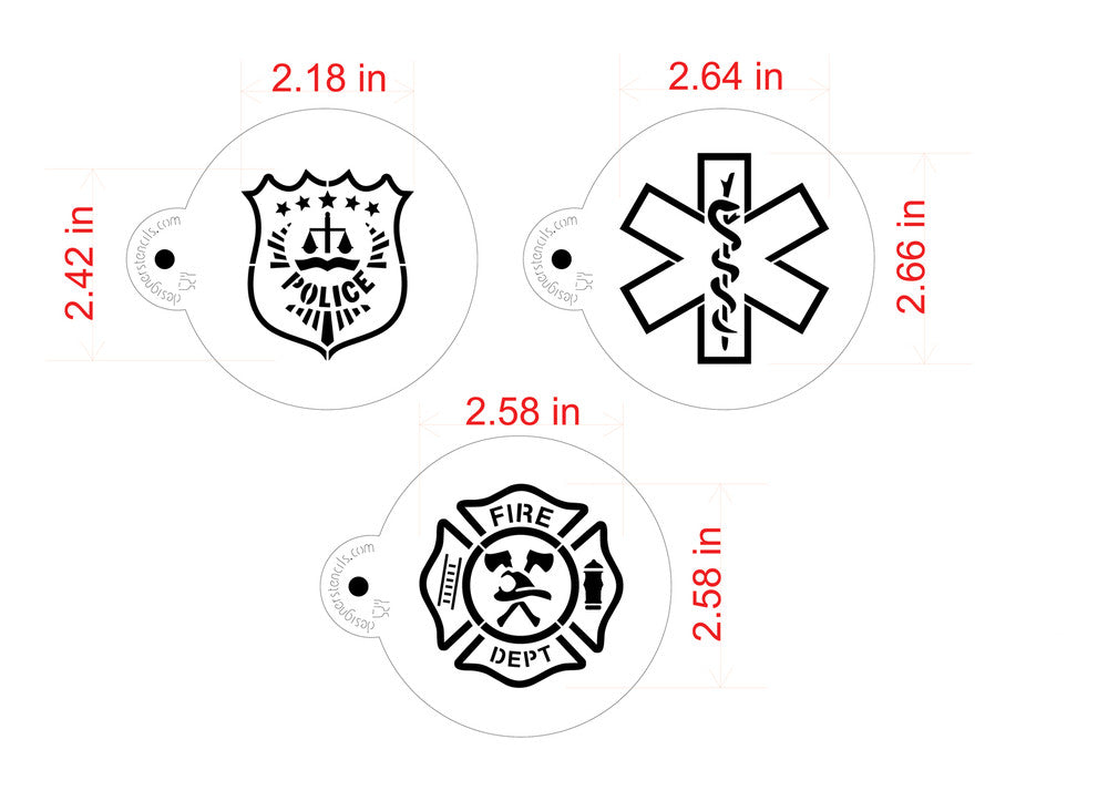 First Responders Cookie Stencil Set by Designer Stencils with measurements