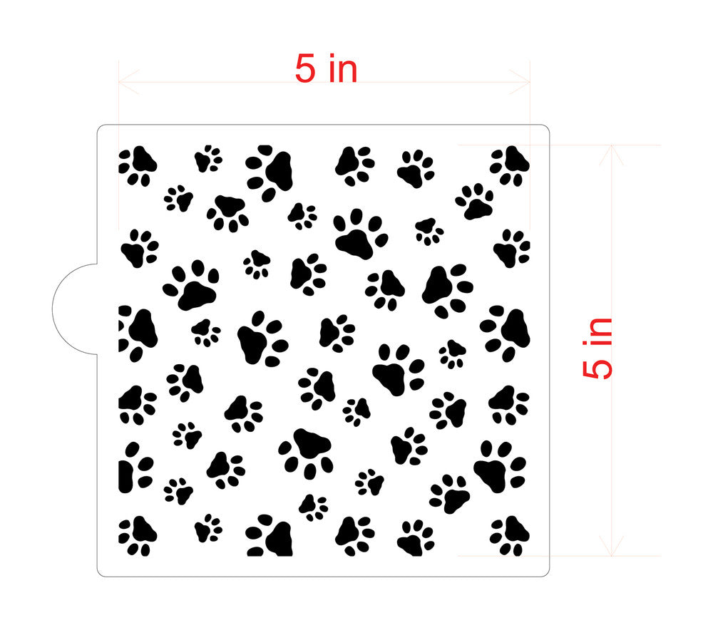 Mini dog paws cookie stencil design 5x5 inches, perfect for baking and crafting; food grade quality.