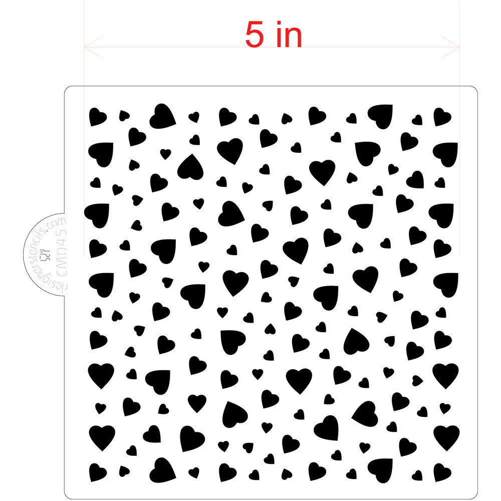 Mini heart cookie stencil design with multiple hearts, measuring 5 inches by 5 inches for baking and crafts.