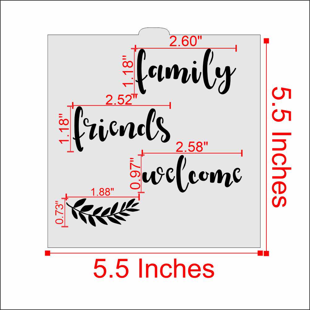 Measurements of the Family Friends Welcome Cookie Stencil by Designer Stencils