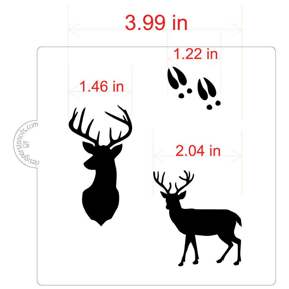Deer Buck cookie stencil dimensions showing deer silhouettes and paw prints for crafts and baking.