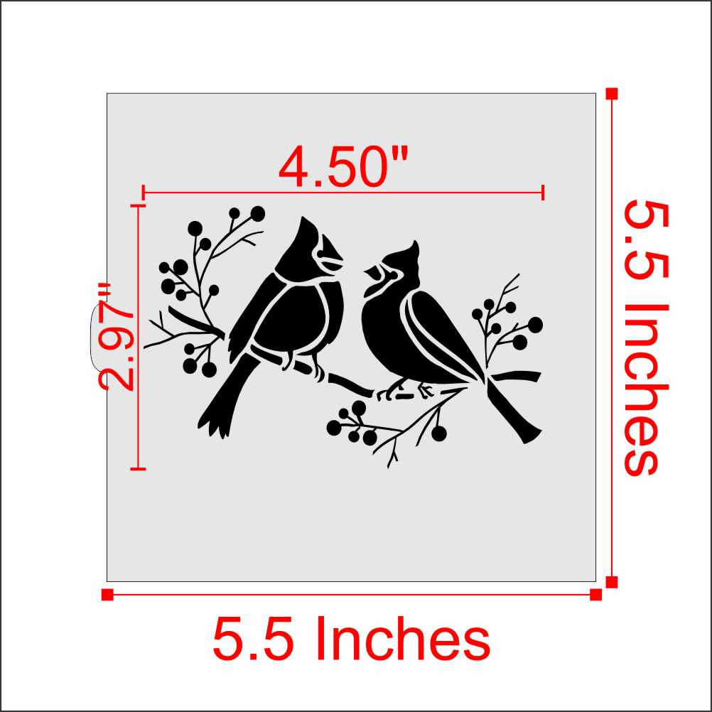 Measurements for the Cardinals on Branch Cookie Stencil by Designer Stencils