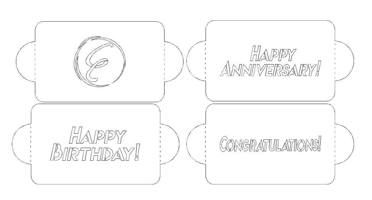 Eddie Merlot Steakhouse set of four stencils with messages: Happy Birthday, Happy Anniversary, Congratulations, and E logo.