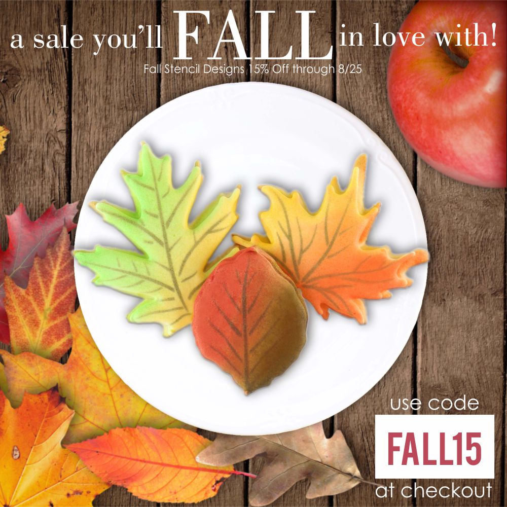 Promotional image for fall-themed stencils with leaves on a wooden background.