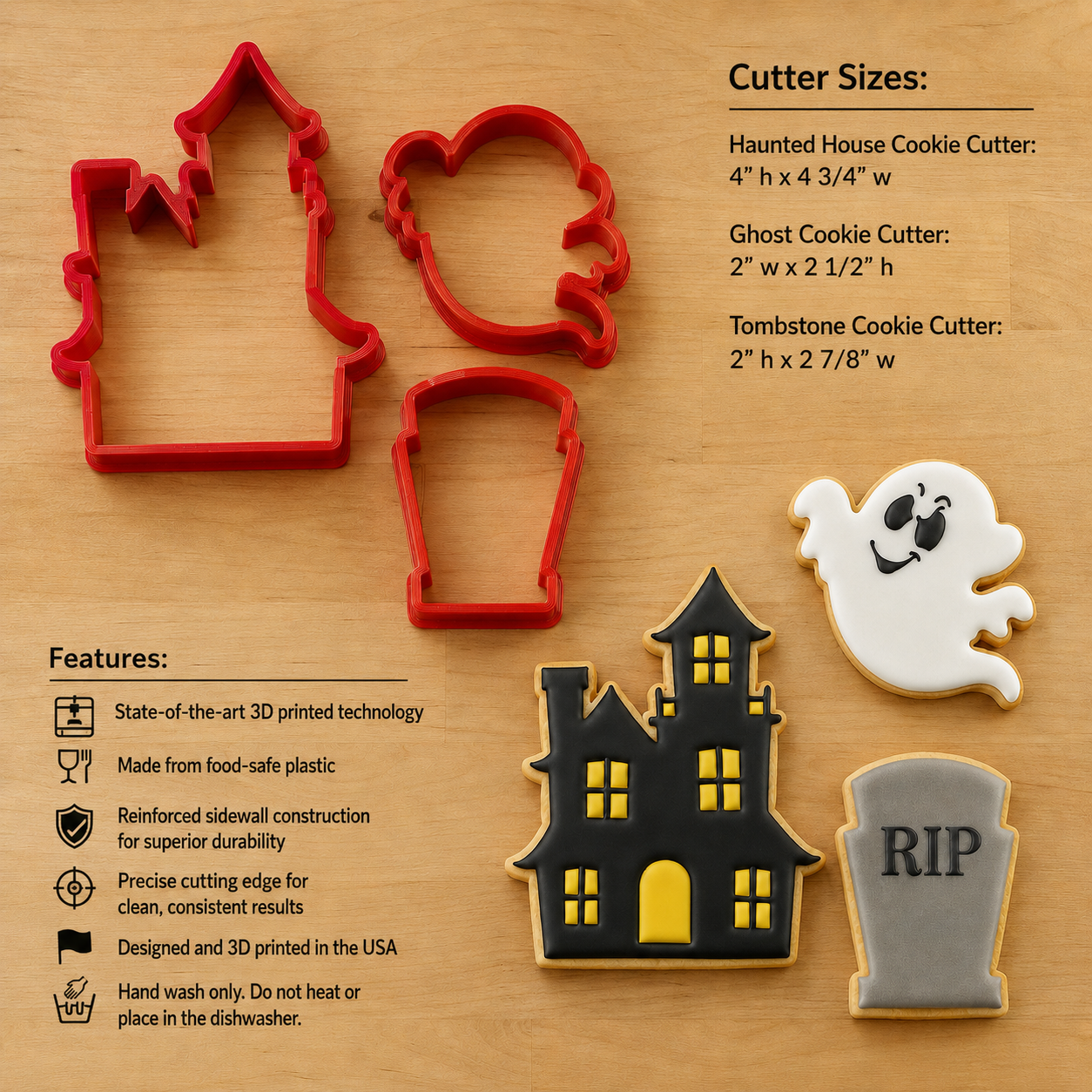 Three red plastic cookie cutters shaped like a haunted house, a ghost, and a tombstone are shown on a light wood background, alongside three decorated cookie cutouts and printed size/features information.
